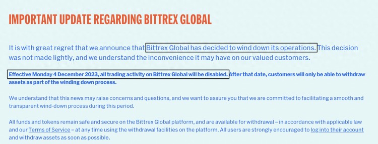 正式退出行业舞台！Bittrex加密货币平台将关闭所有业务