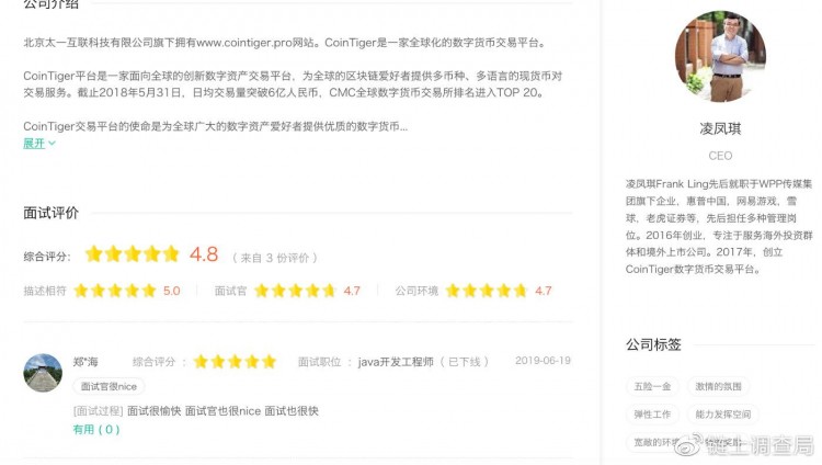 国内关联公司CoinTiger实际上是北京融科望京中心的“北京太一”
