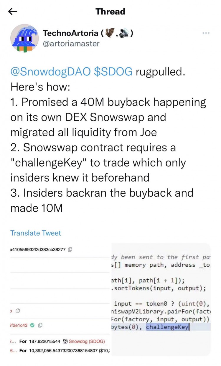 Avalanche区块链Meme项目Snowdog发生“RugPull”事件投资者应当注意风险防范